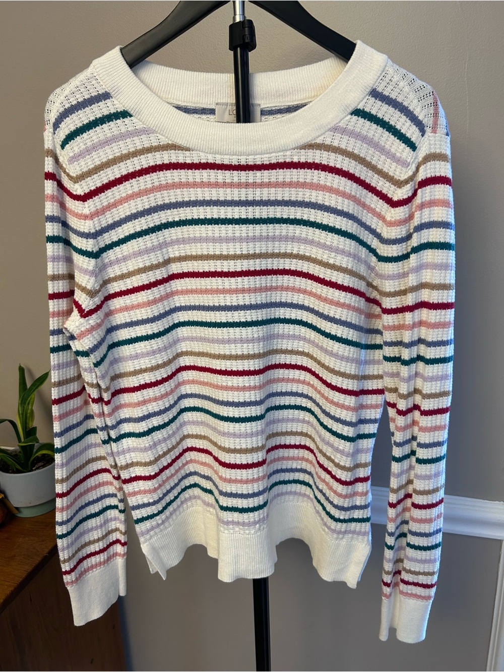LOFT White Scoop-Neck Sweater with Multicolor Stripes
